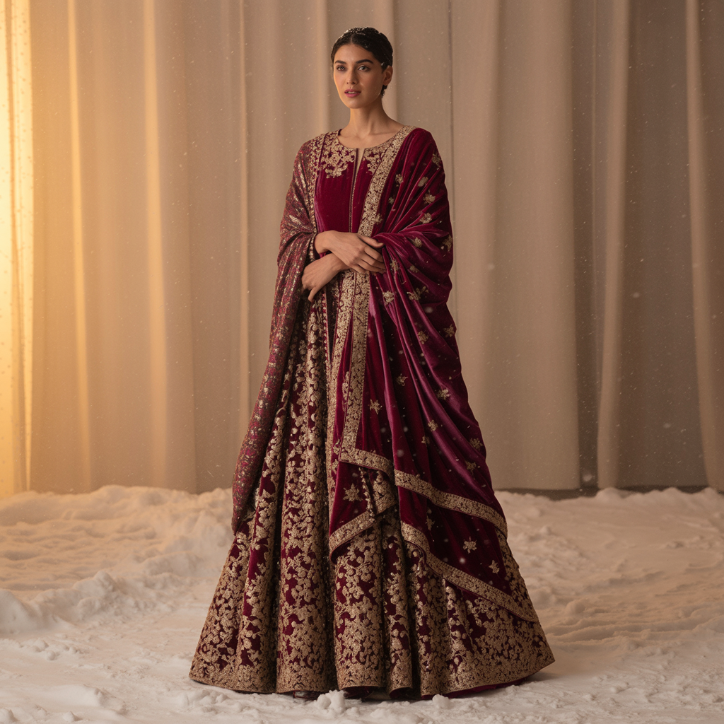 Model wearing a deep maroon velvet bridal lehenga with heavy gold embroidery and matching embroidered dupatta in a winter-themed setting